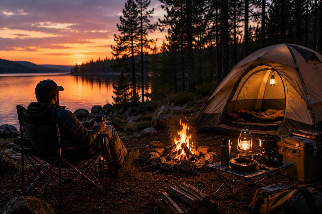Person relaxing in a camping chair by the campfire during a multi-day trip