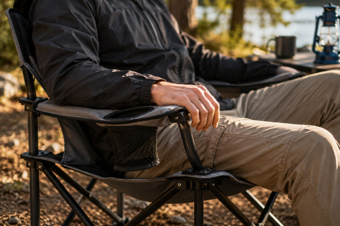 Close-up of a person adjusting a folding camping chair's armrest outdoors