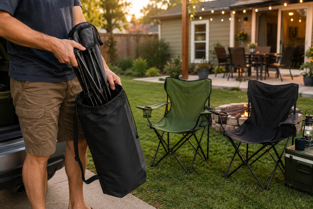 Folding camping chair set up in a backyard, showing its portable design compared to a fixed patio chair
