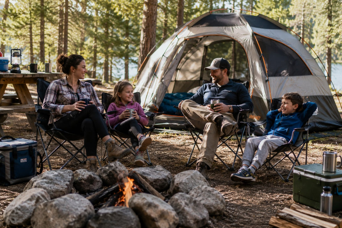 Family sitting together outside their tent during a camping trip