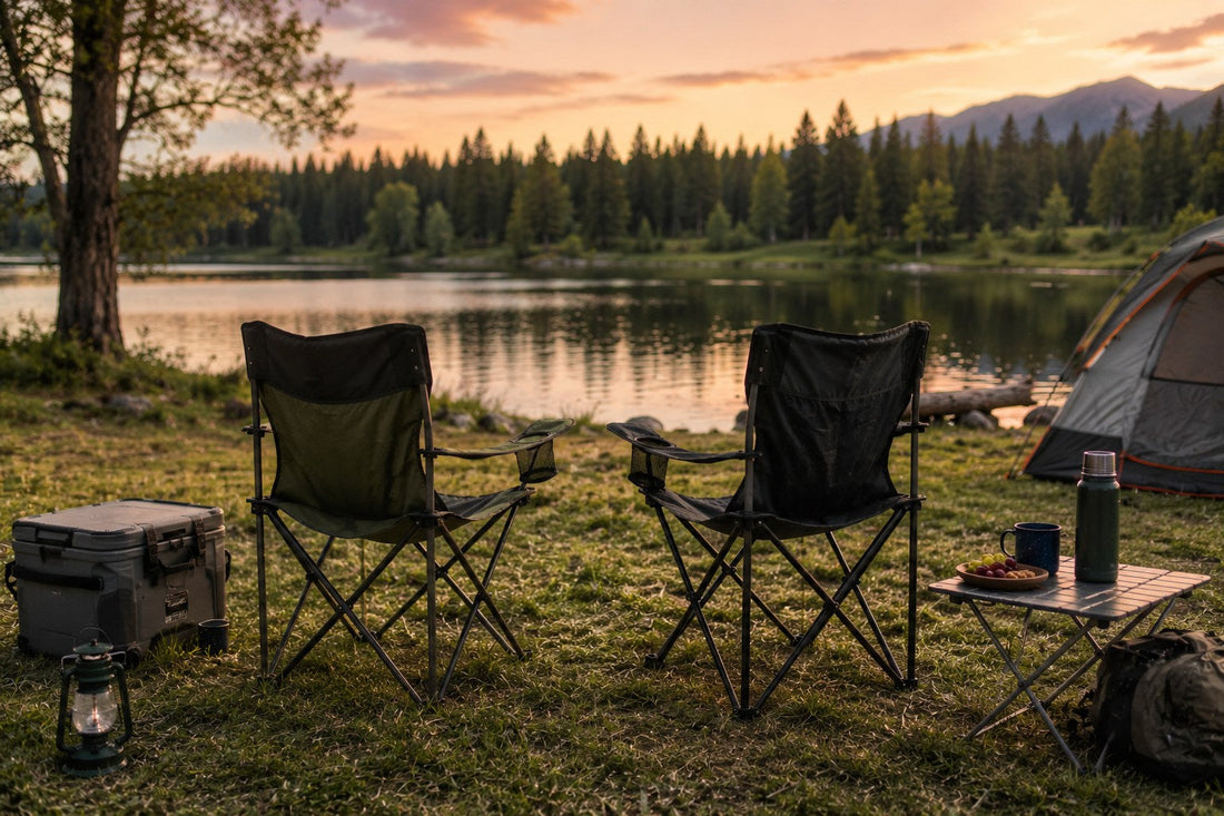 Two folding camping chairs set up outdoors by a lake, ready for a range of outdoor activities