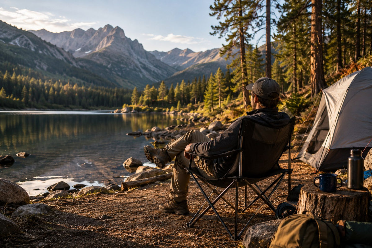 Person relaxing outdoors in a folding camping chair by a lake in early fall