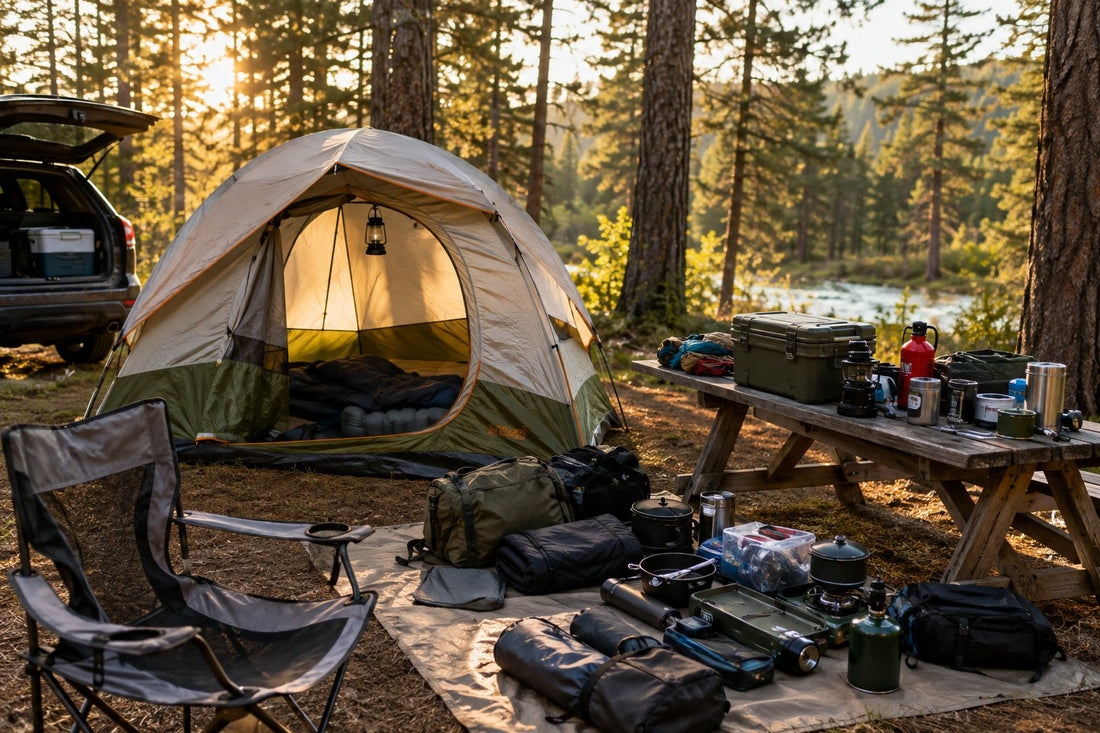Camping gear laid out for a weekend trip, including a tent, sleeping bag, and backpack