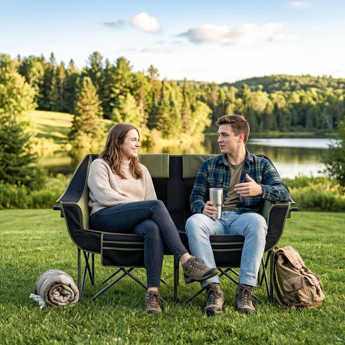 Heavy-Duty Steel Frame Folding Loveseat Camping Chair for Two, 660 lbs Capacity Lunecalme