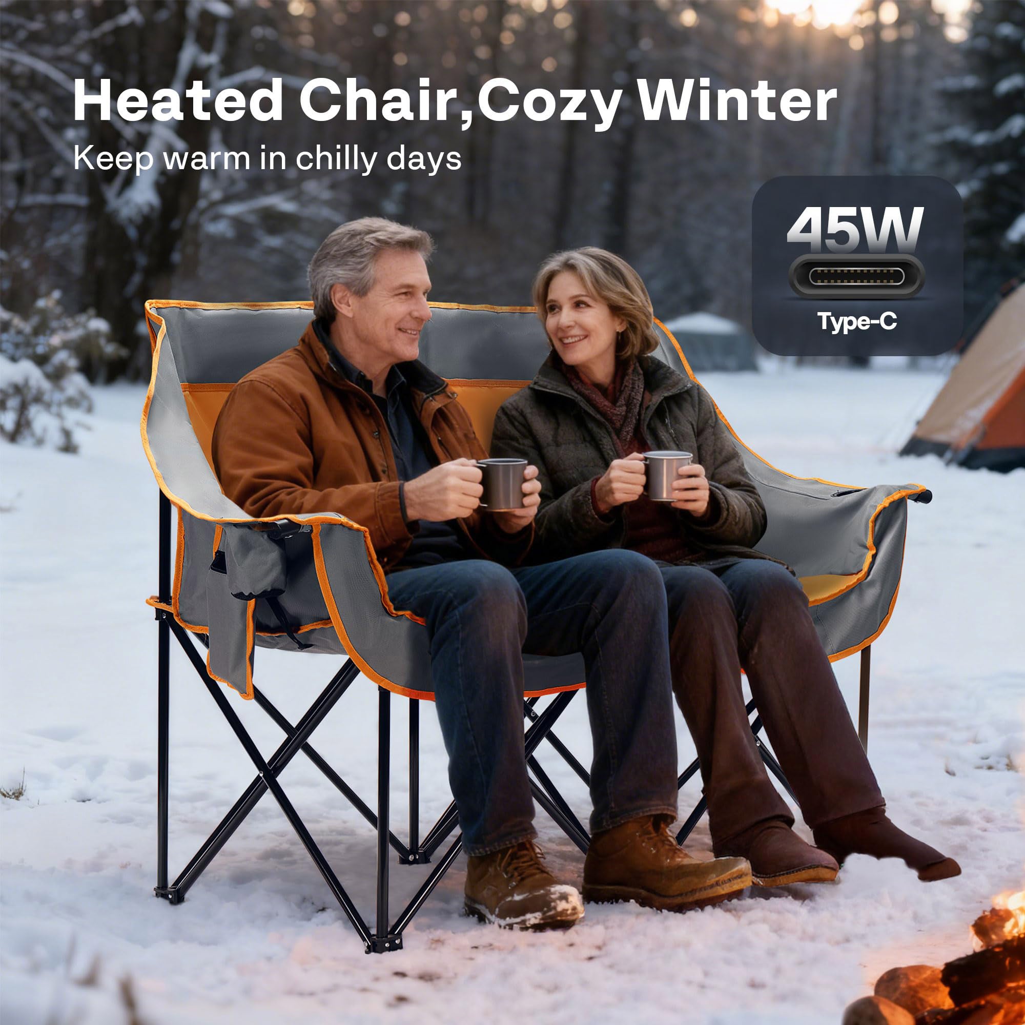 Heated Double Camping Chair Folding Padded Loveseat with Power Banks and Cup Holders