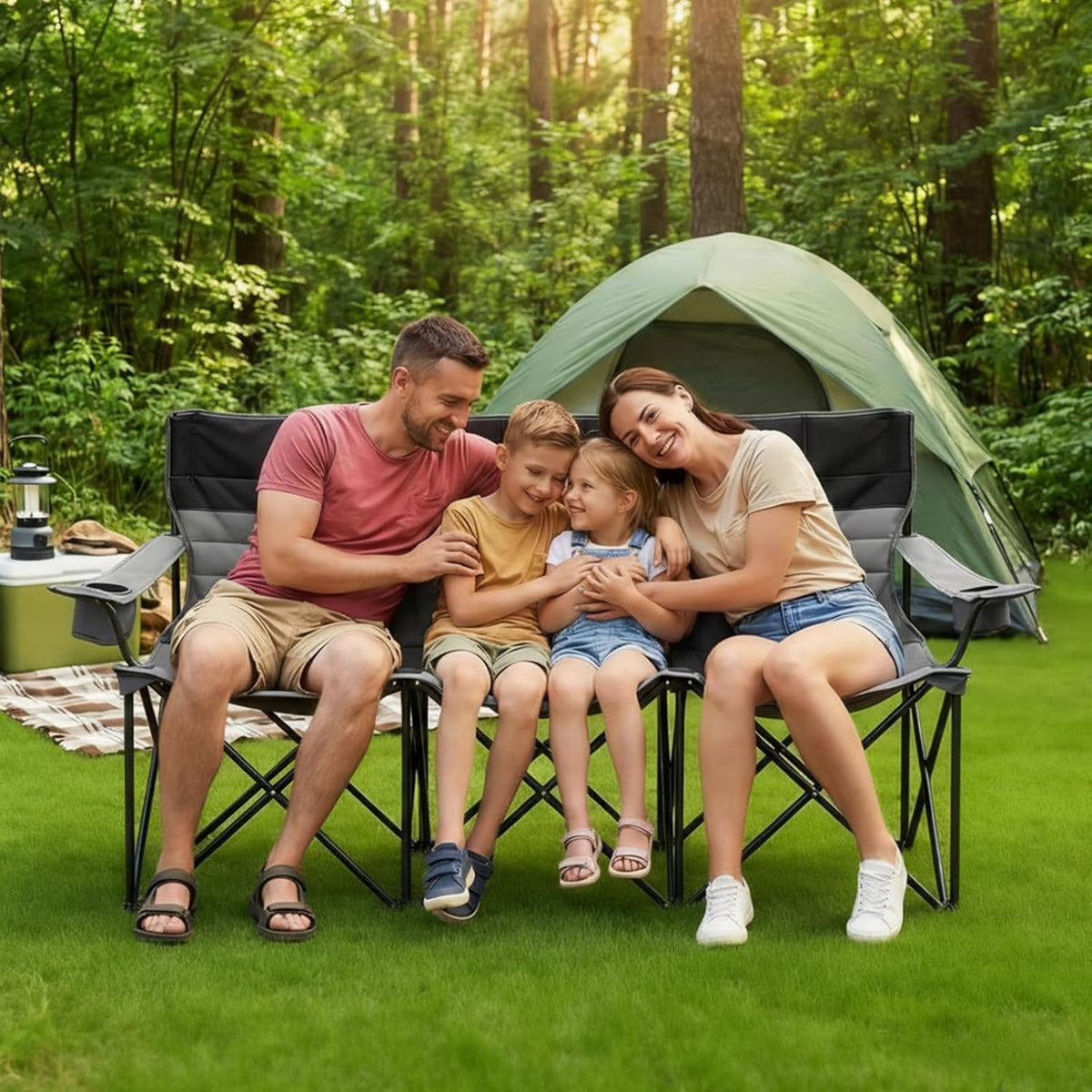Family of four sitting together in a 3-person folding camping chair by a tent