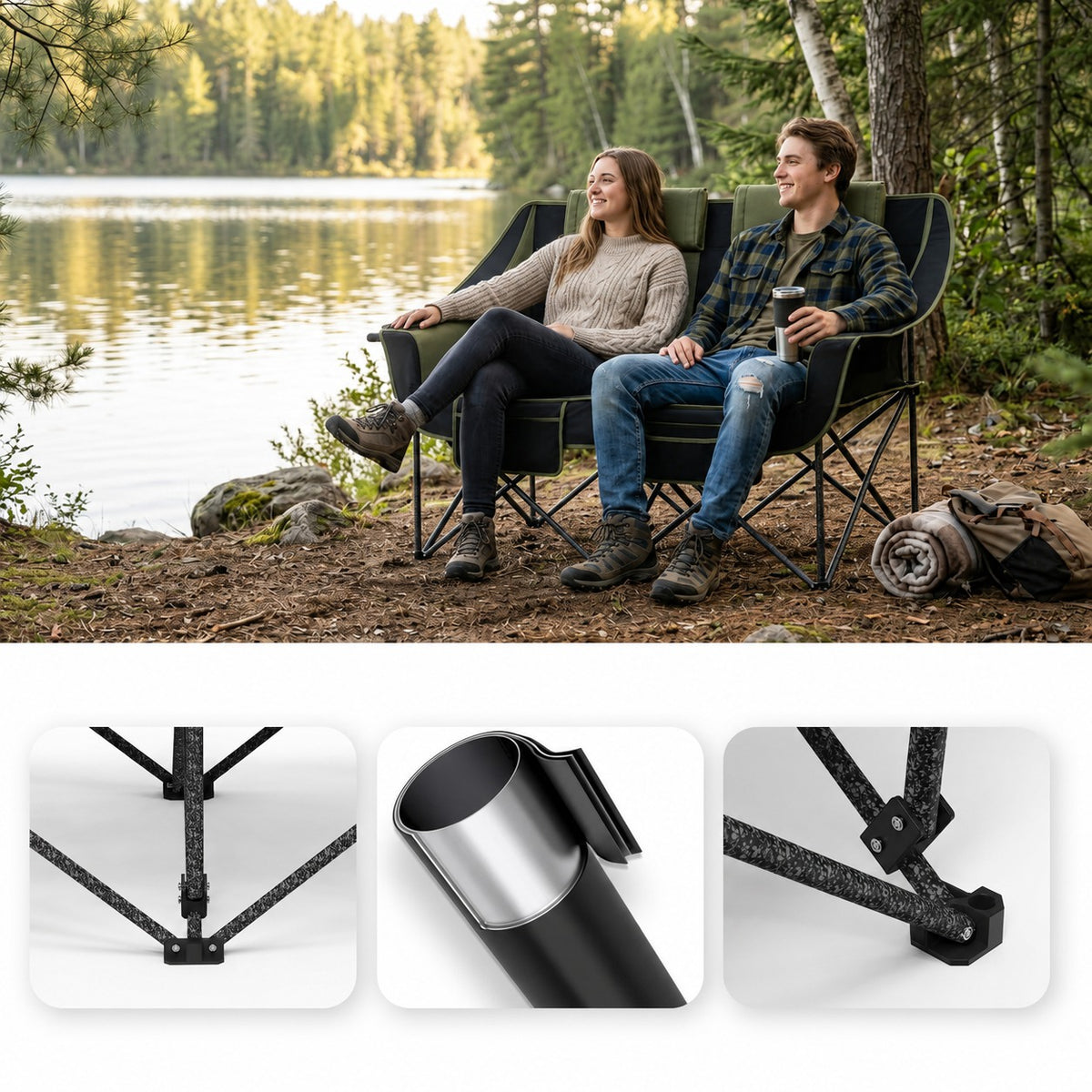 Heavy-Duty Steel Frame Folding Loveseat Camping Chair for Two, 660 lbs Capacity Lunecalme