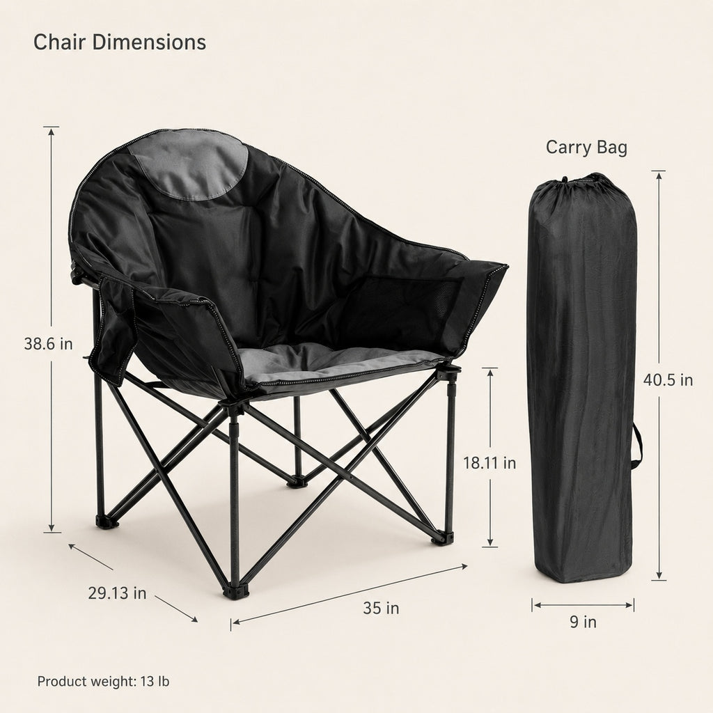 Reinforced Steel Frame Folding Moon Saucer Camping Chair, 500 lbs Capacity Lunecalme