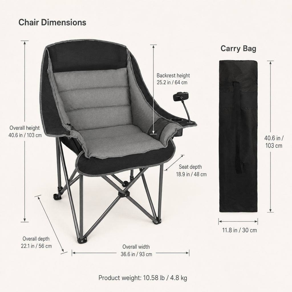 Solid Steel Frame Oversized Folding Camping Chair, 400 lbs Capacity Lunecalme