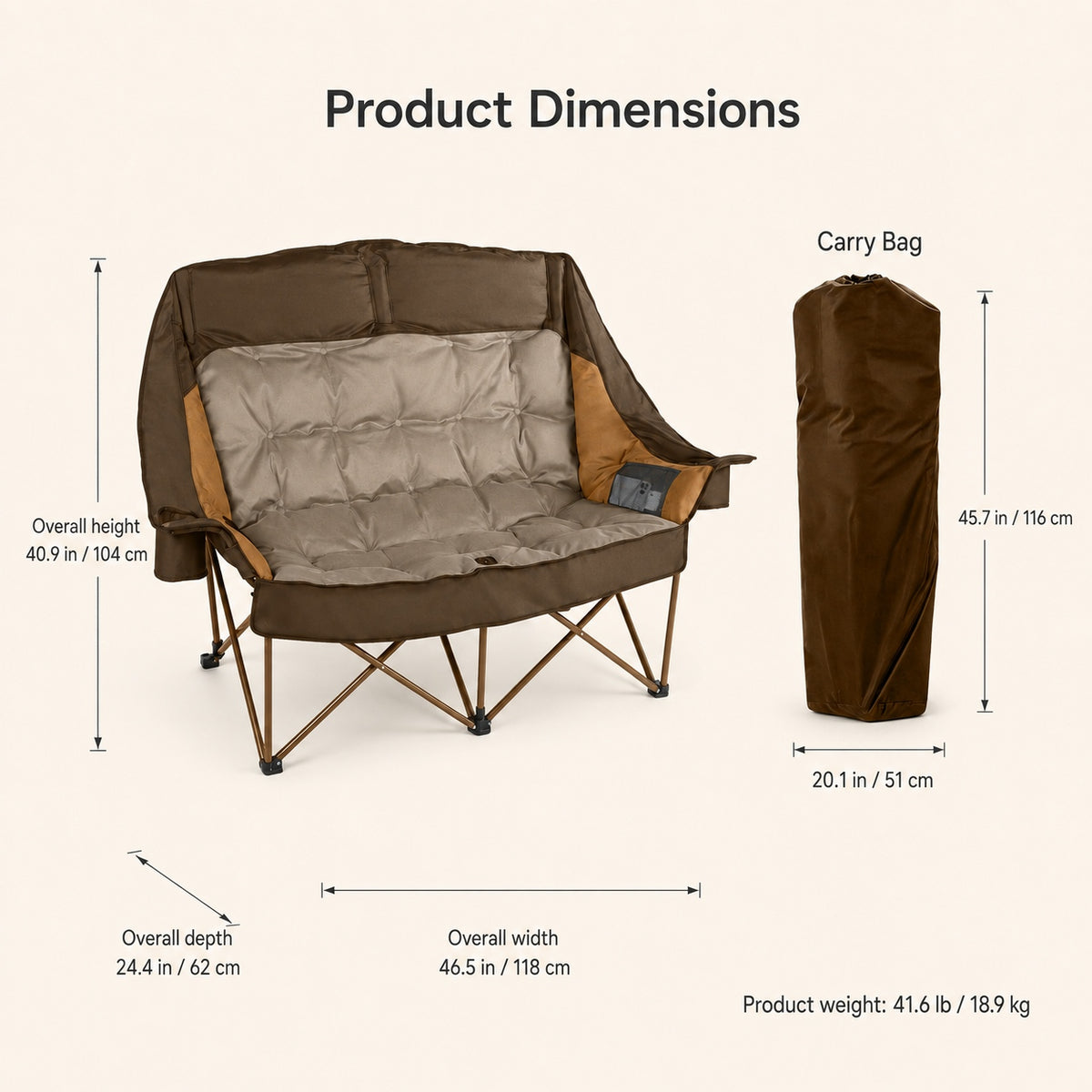 Alloy Steel Frame High Back Folding Loveseat Camping Chair, 800 lbs Capacity Lunecalme