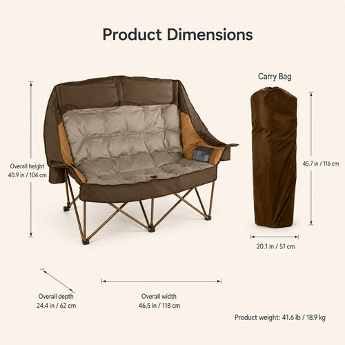 Alloy Steel Frame High Back Folding Loveseat Camping Chair, 800 lbs Capacity Lunecalme