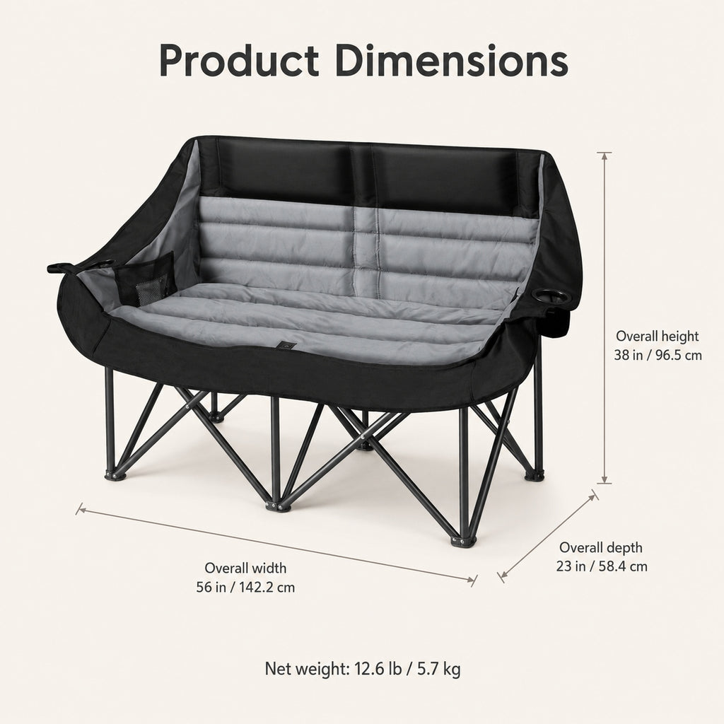 Steel Alloy Frame Folding Loveseat Camping Chair with Wine Glass Holder, 660 lbs Lunecalme