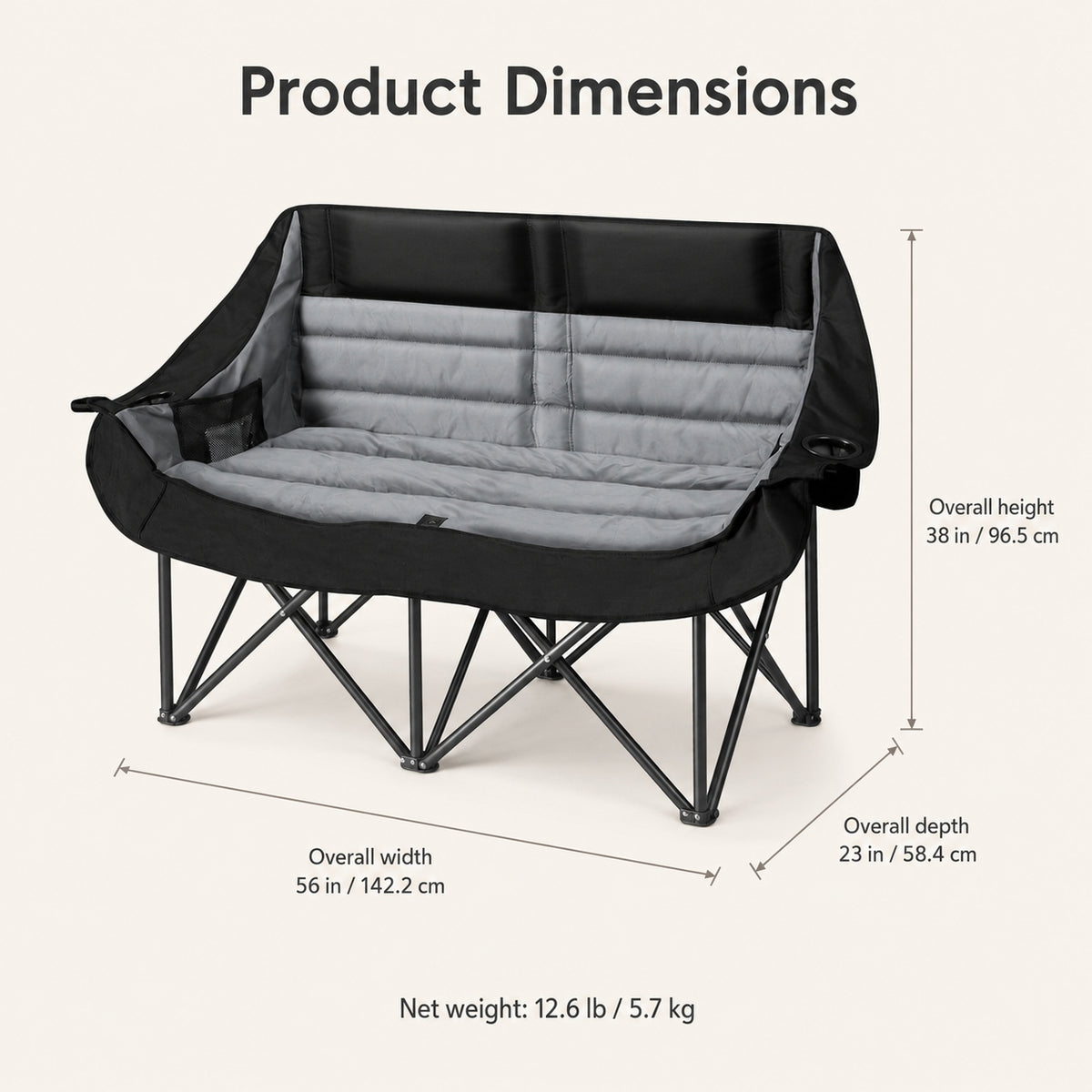 Steel Alloy Frame Folding Loveseat Camping Chair with Wine Glass Holder, 660 lbs Lunecalme