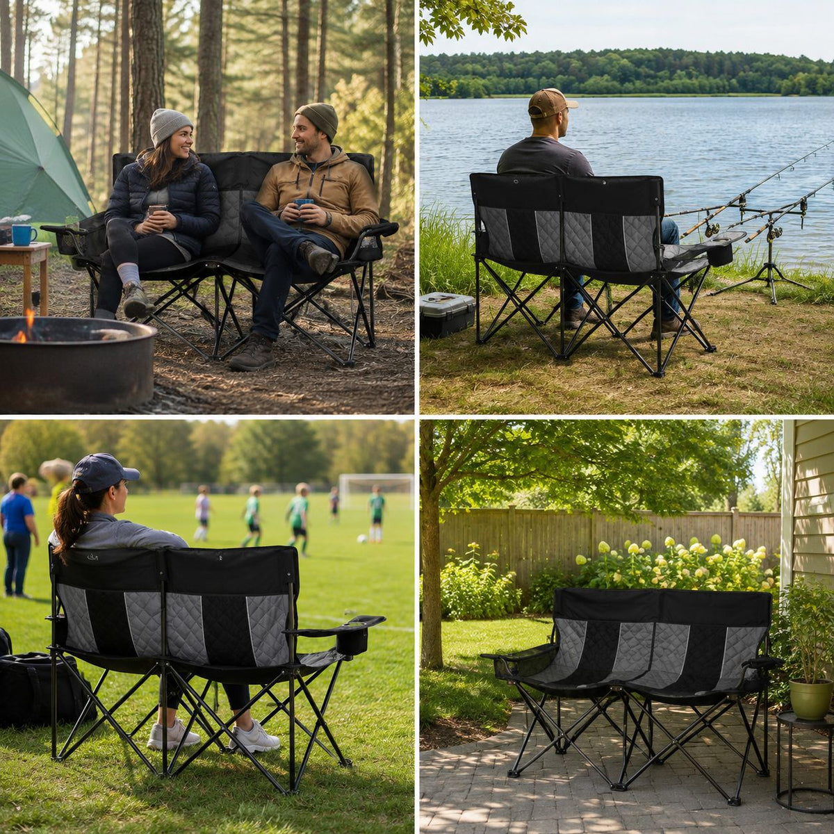 Steel Alloy Frame Folding Loveseat Camping Chair with Wine Glass Holder, 660 lbs Lunecalme