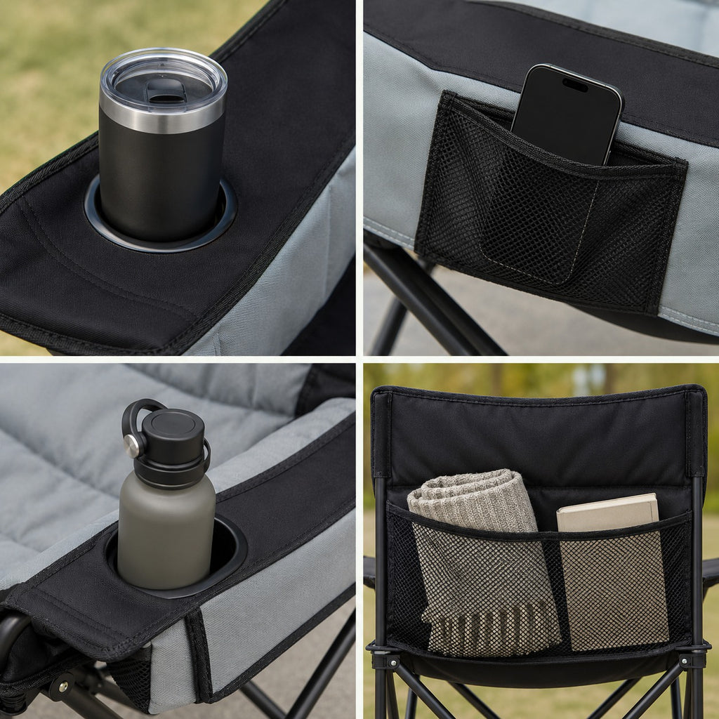 Steel Alloy Frame Folding Loveseat Camping Chair with Wine Glass Holder, 660 lbs Lunecalme