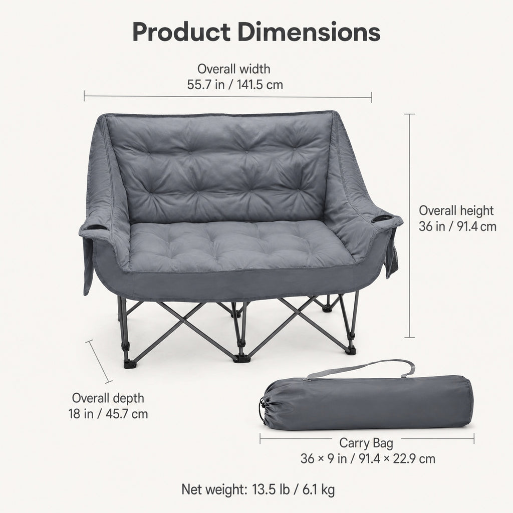 Reinforced Steel Frame Folding Loveseat Camping Chair with Bottle Opener, 600 lbs Lunecalme