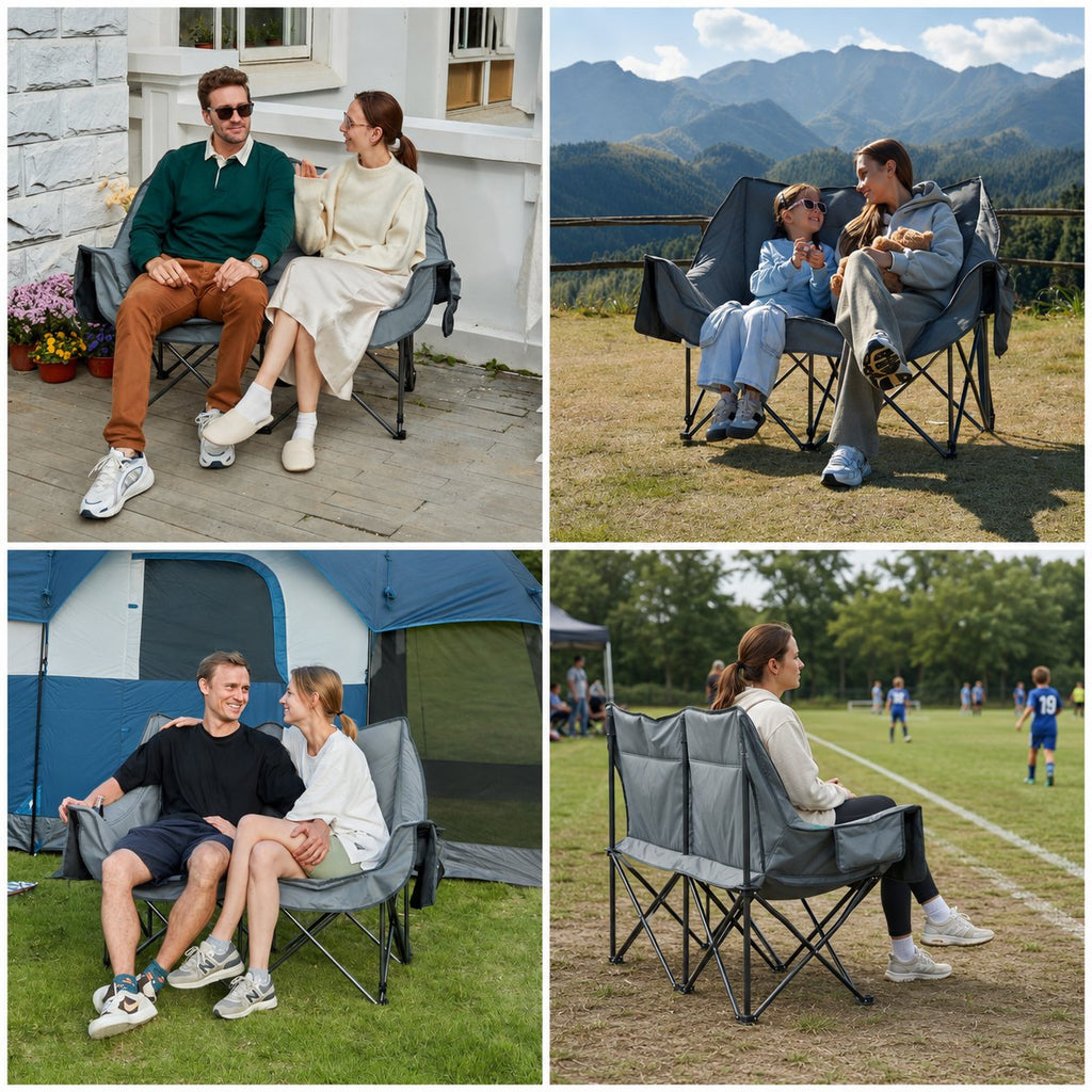 Reinforced Steel Frame Folding Loveseat Camping Chair with Bottle Opener, 600 lbs Lunecalme