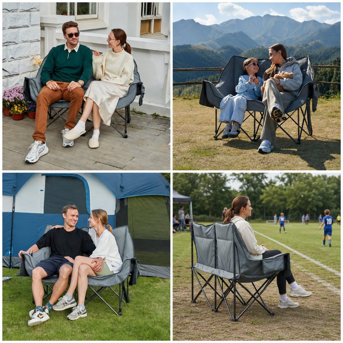 Reinforced Steel Frame Folding Loveseat Camping Chair with Bottle Opener, 600 lbs Lunecalme