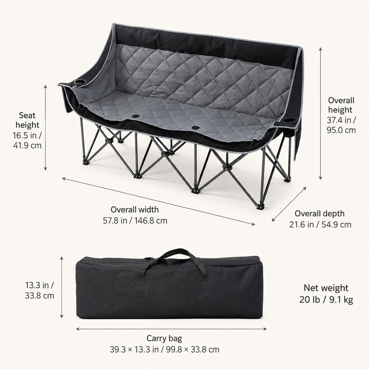 Reinforced Steel Frame 3-Seat Folding Camping Bench, 660 lbs Capacity Lunecalme