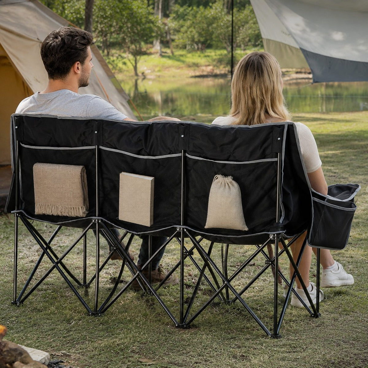 Reinforced Steel Frame 3-Seat Folding Camping Bench, 660 lbs Capacity Lunecalme