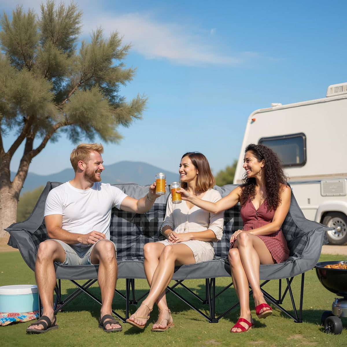 Friends sitting together in a folding loveseat camping chair near an RV